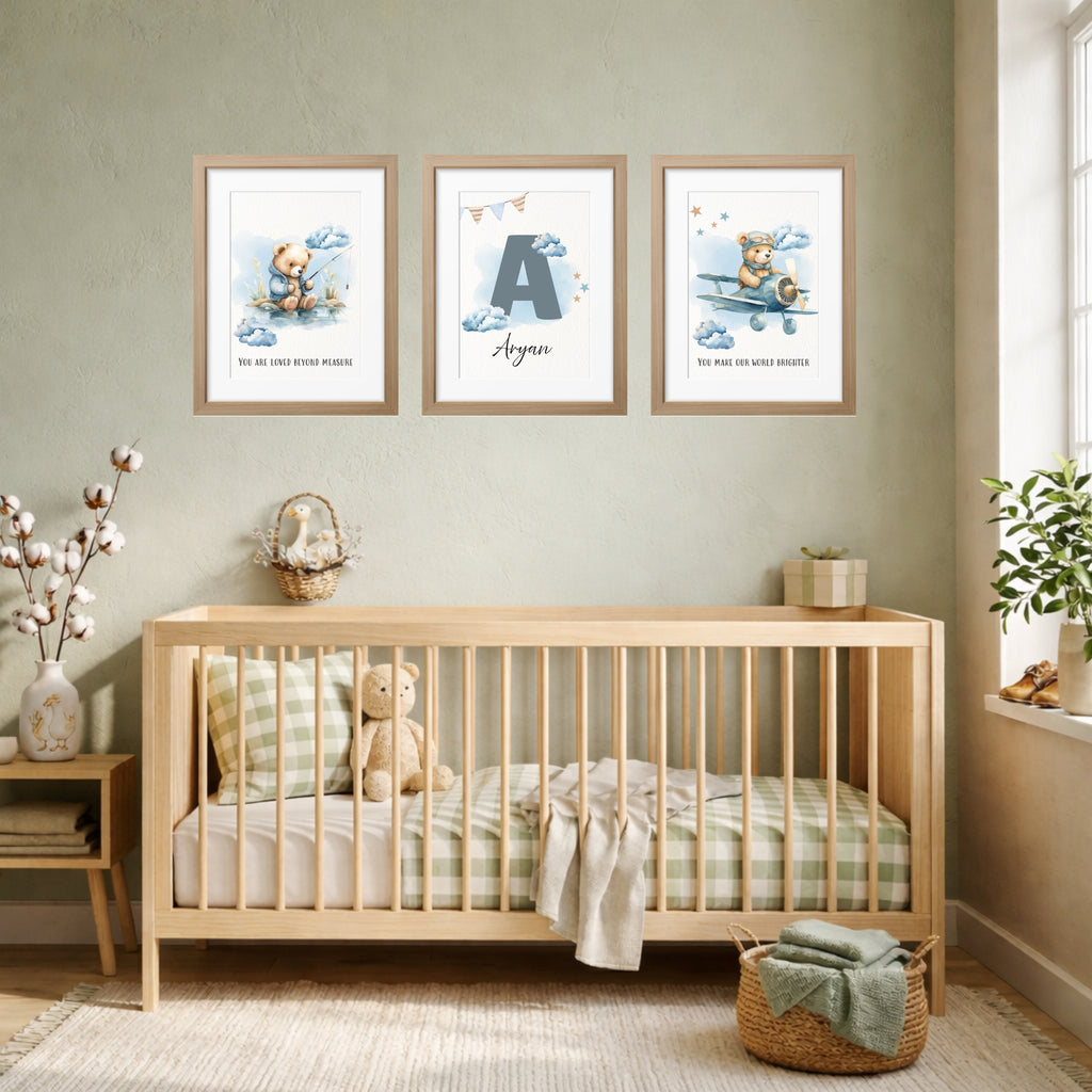 Personalized Nursery Wall Art & Quote - Teddy Blue