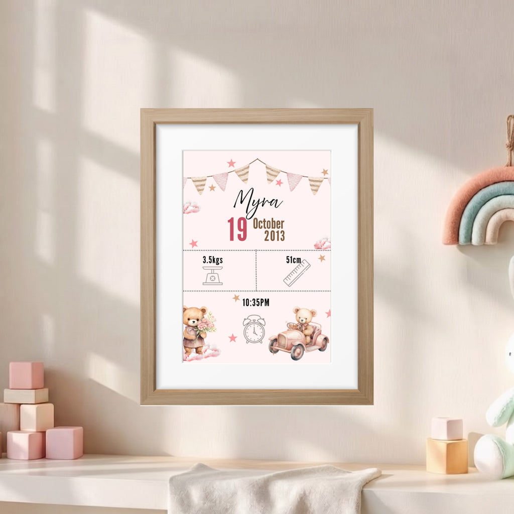 Birth Announcement Frame- Teddy Pink